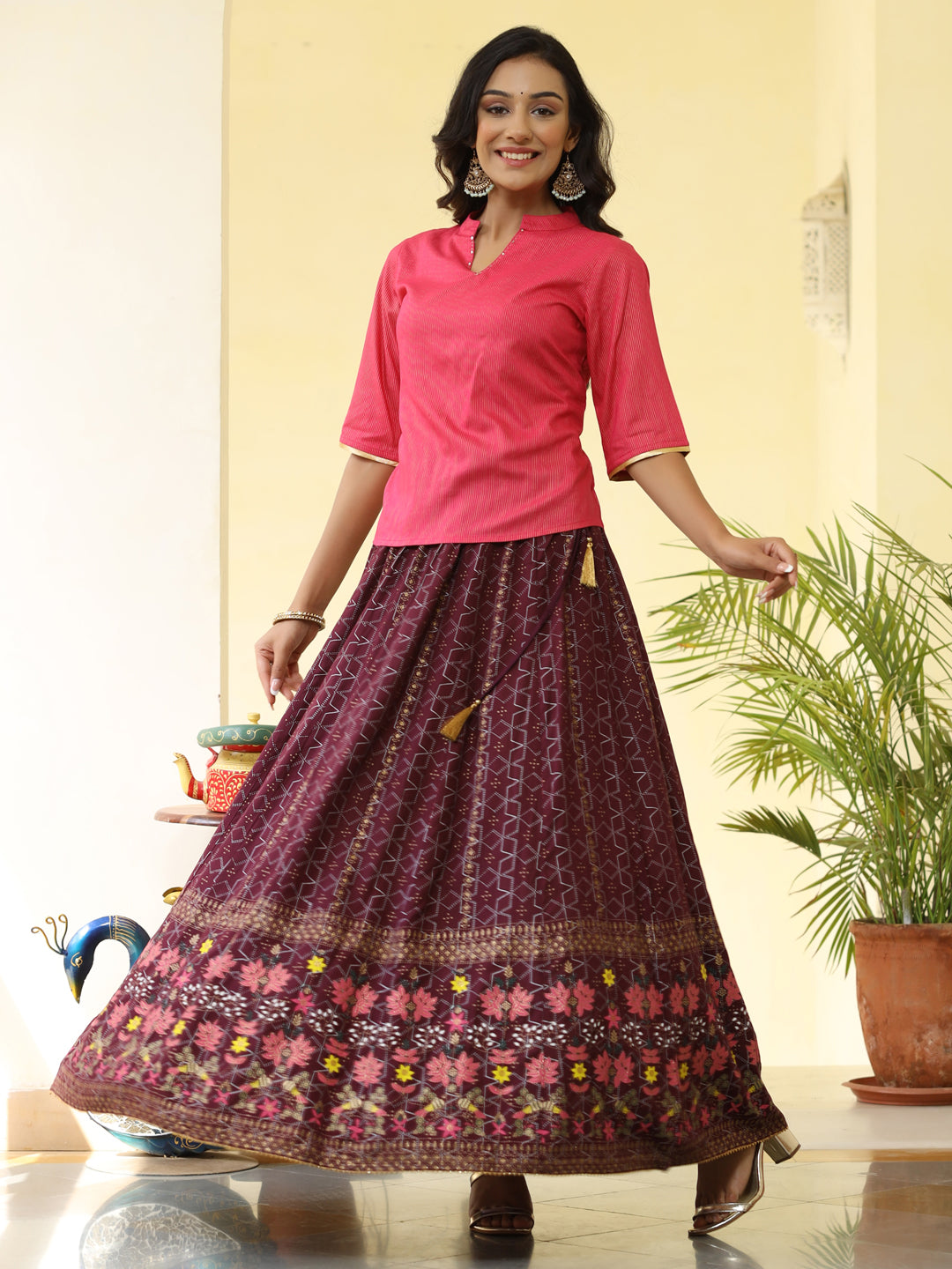 Turquoise Blue Gold-Coloured Printed Maxi-Length Skirt