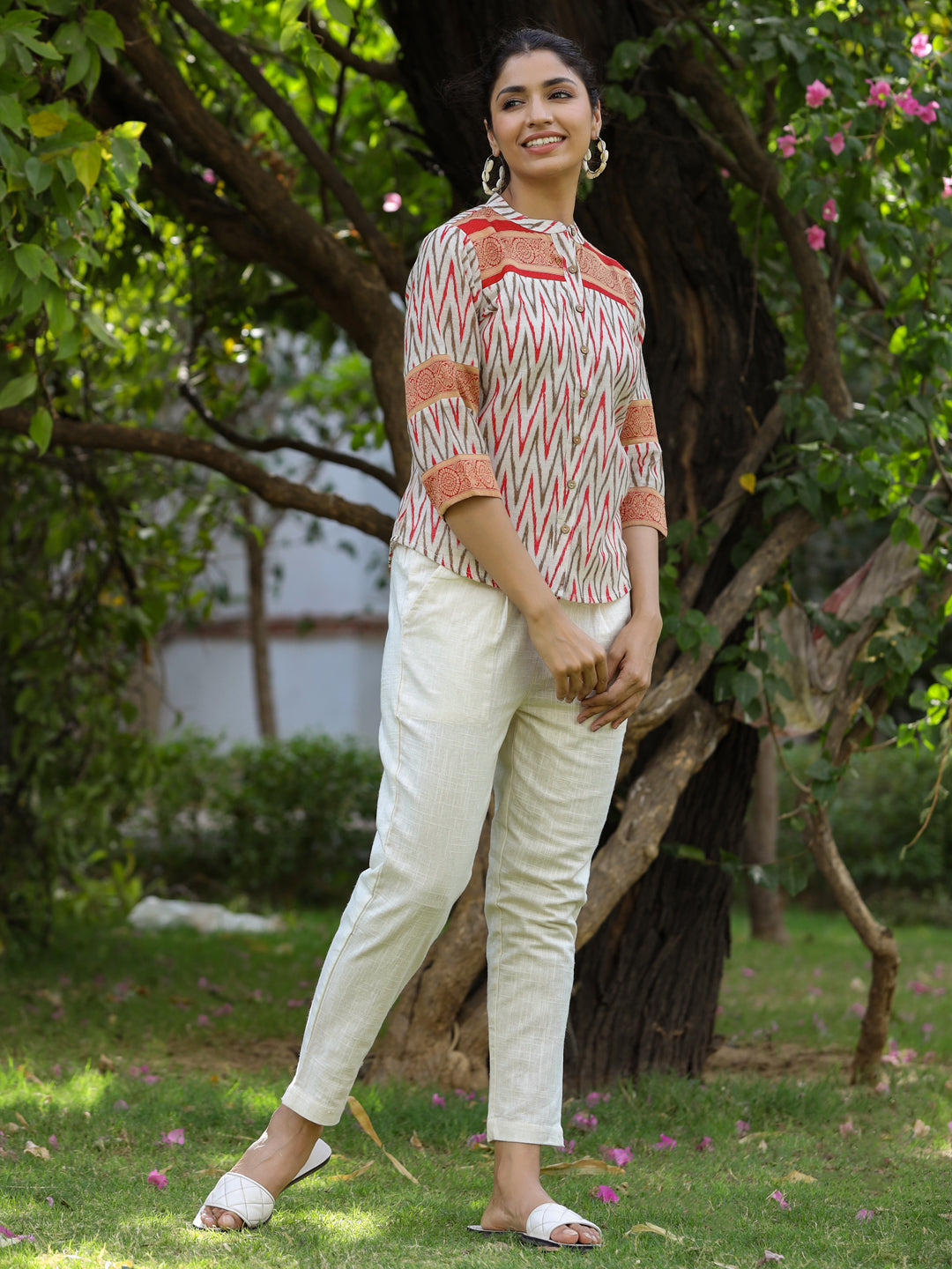 White Ikat Printed Chanderi Jacquard Shirt