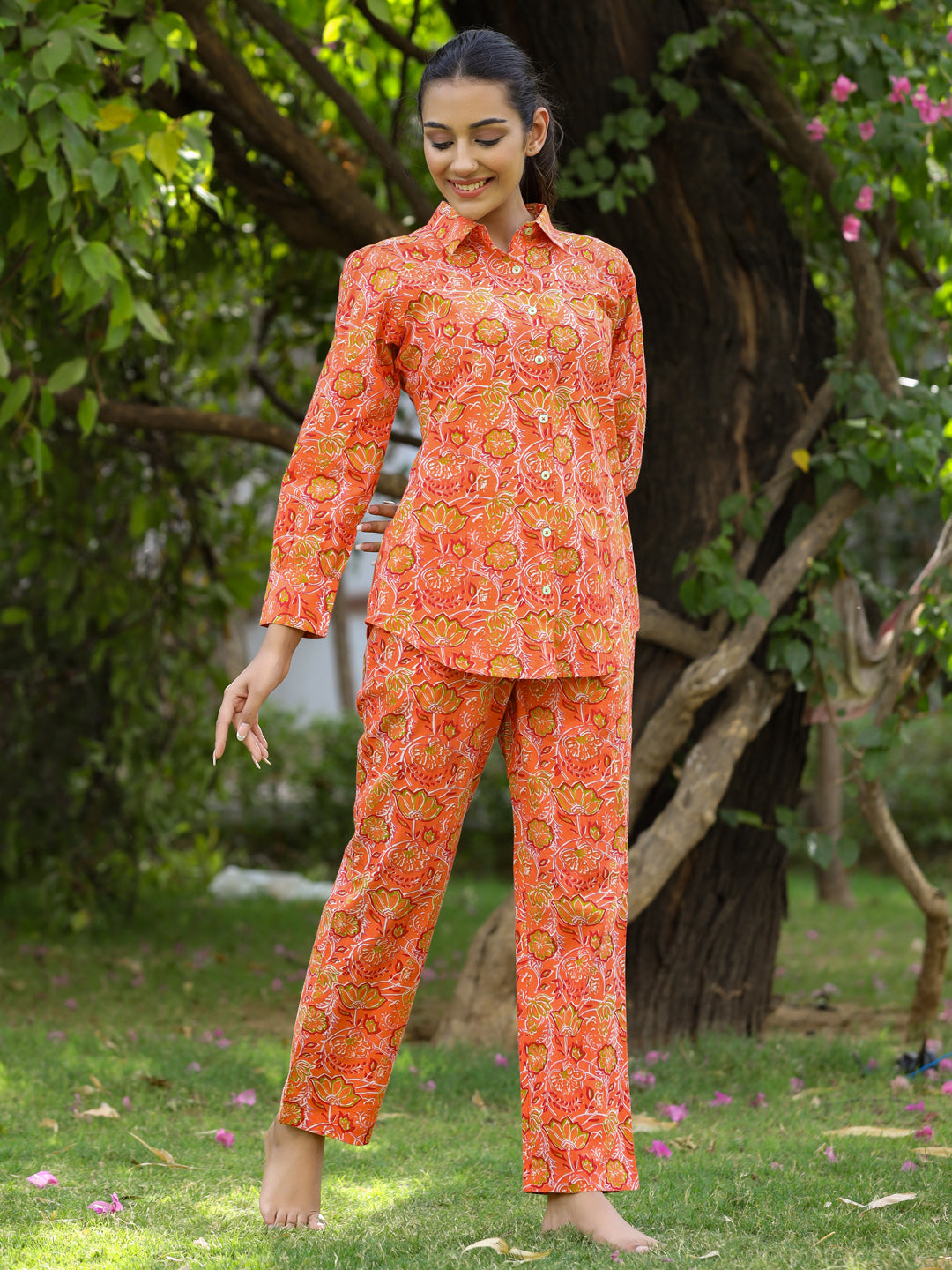 Cotton Ethnic Printed Orange Cotton Shirt With Pants