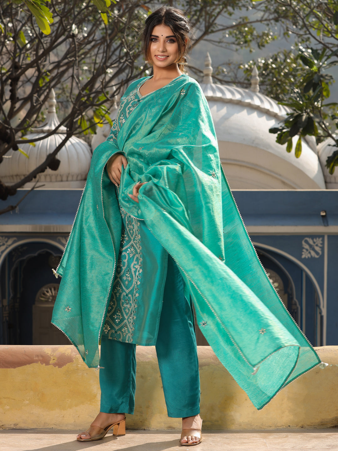 Straight Embroidered Kurta with Pants & Dupatta