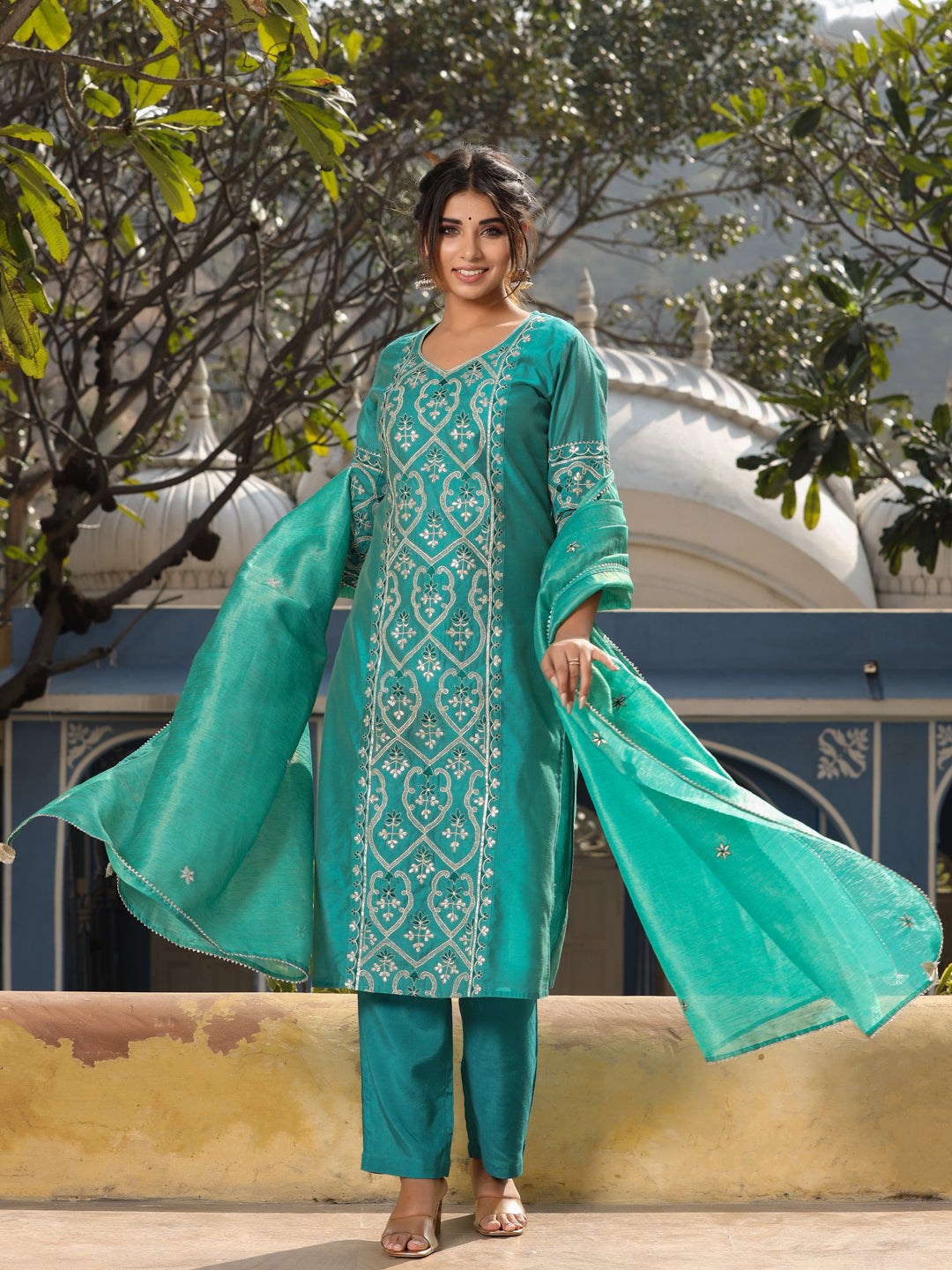 Straight Embroidered Kurta with Pants & Dupatta