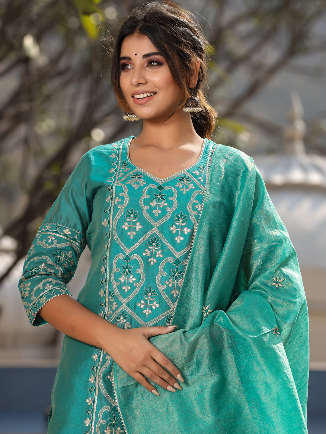 Straight Embroidered Kurta with Pants & Dupatta