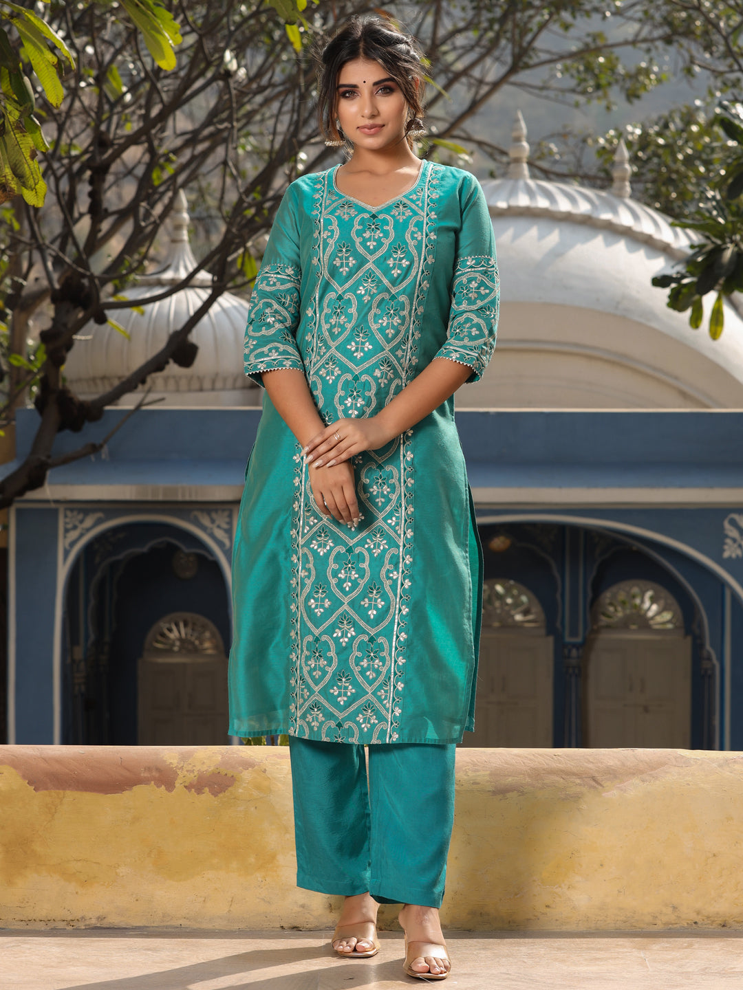 Straight Embroidered Kurta with Pants & Dupatta