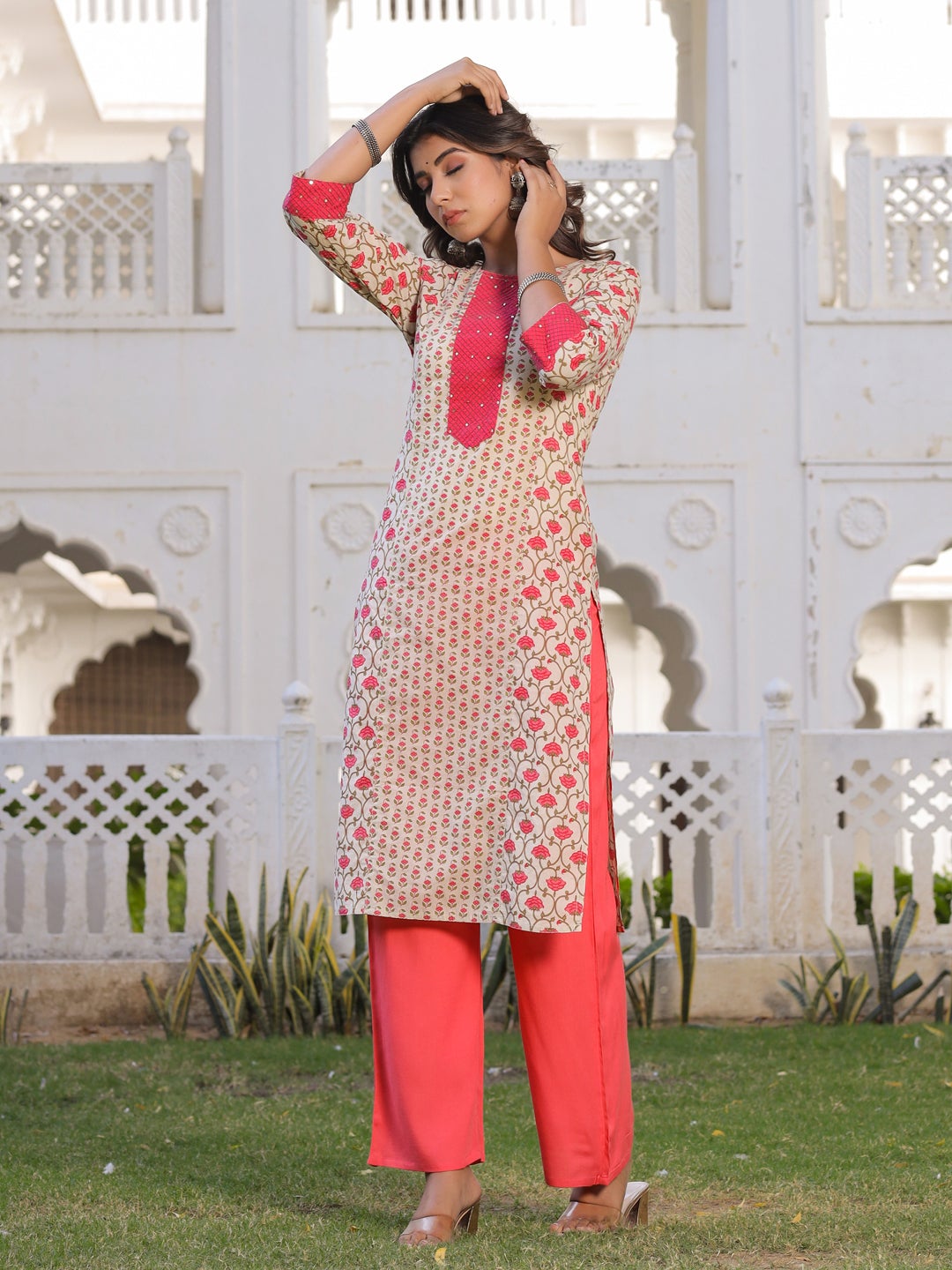 Beige Ethnic Print Straight Cotton Kurta with Palazzos