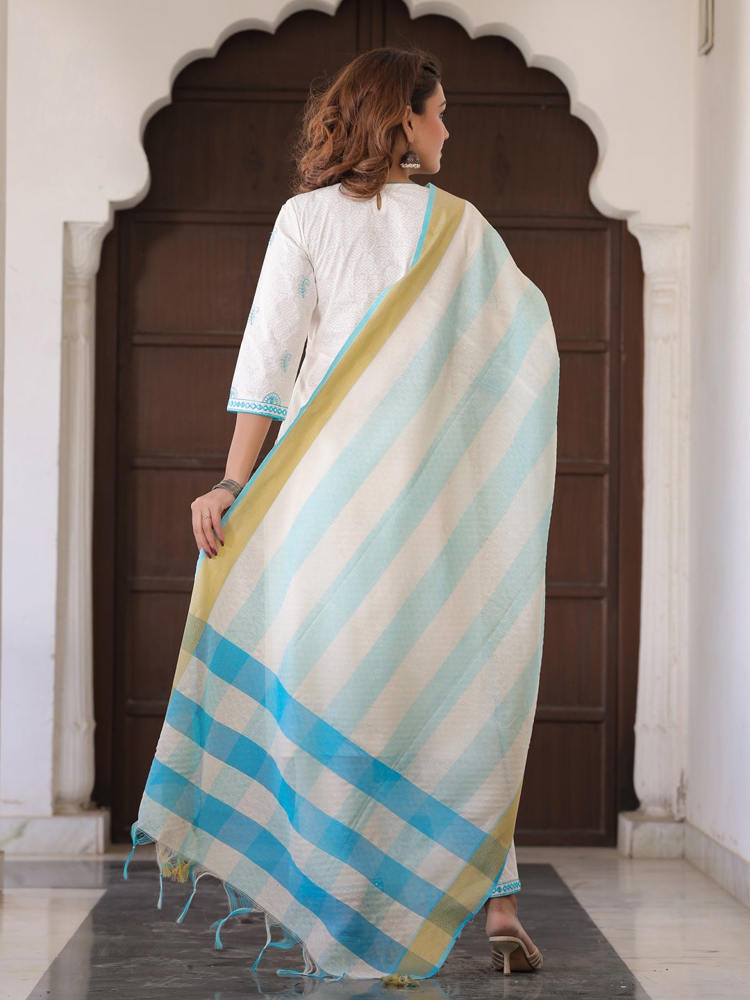 White heavy Embroidered Kurta with Pants & Weaved Dupatta