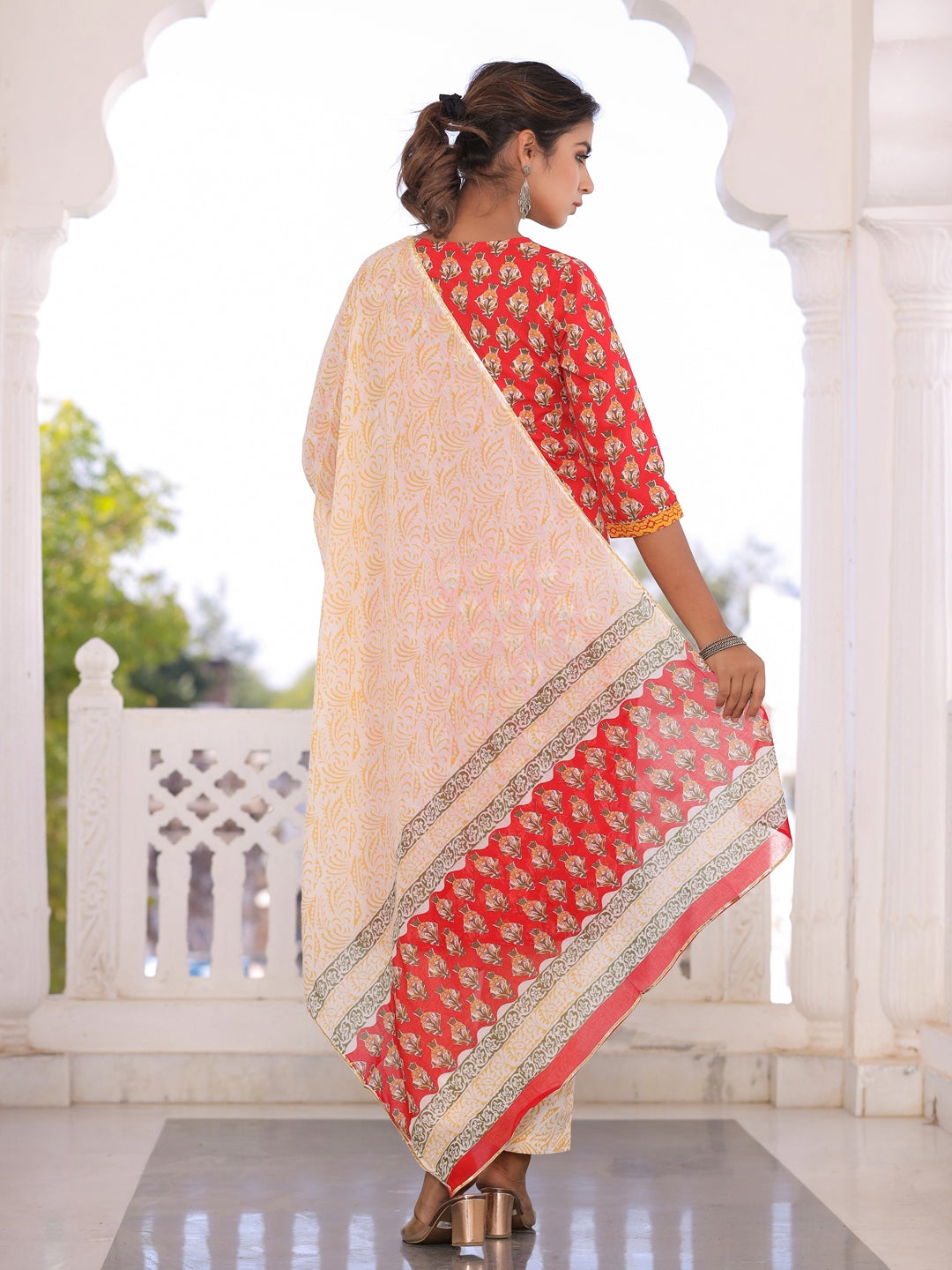 Red Floral Print Cotton Kurta with Palazzos & Dupatta