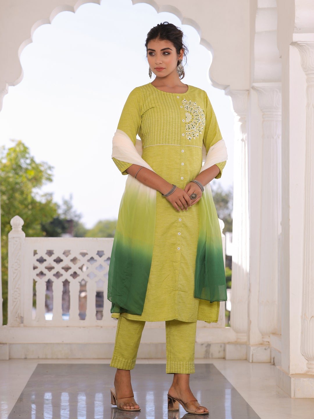 Green Embroidered A Line Cotton Blend Kurta With Palazzo and Dupatta