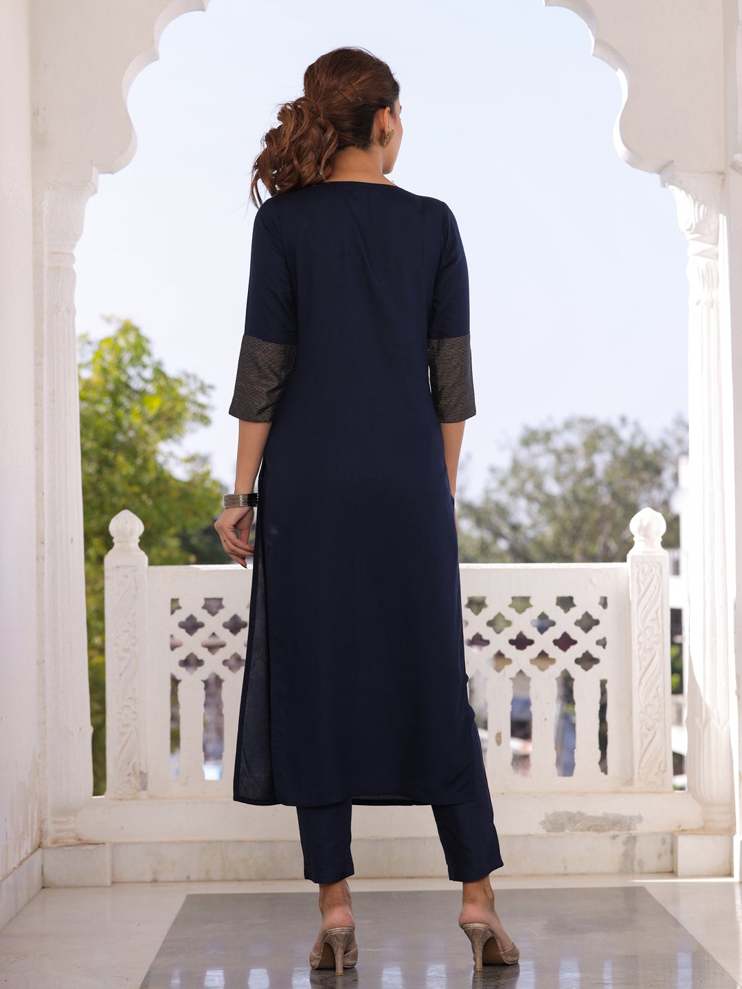 Navy Blue Yoke Embroidered Kurta With Pant