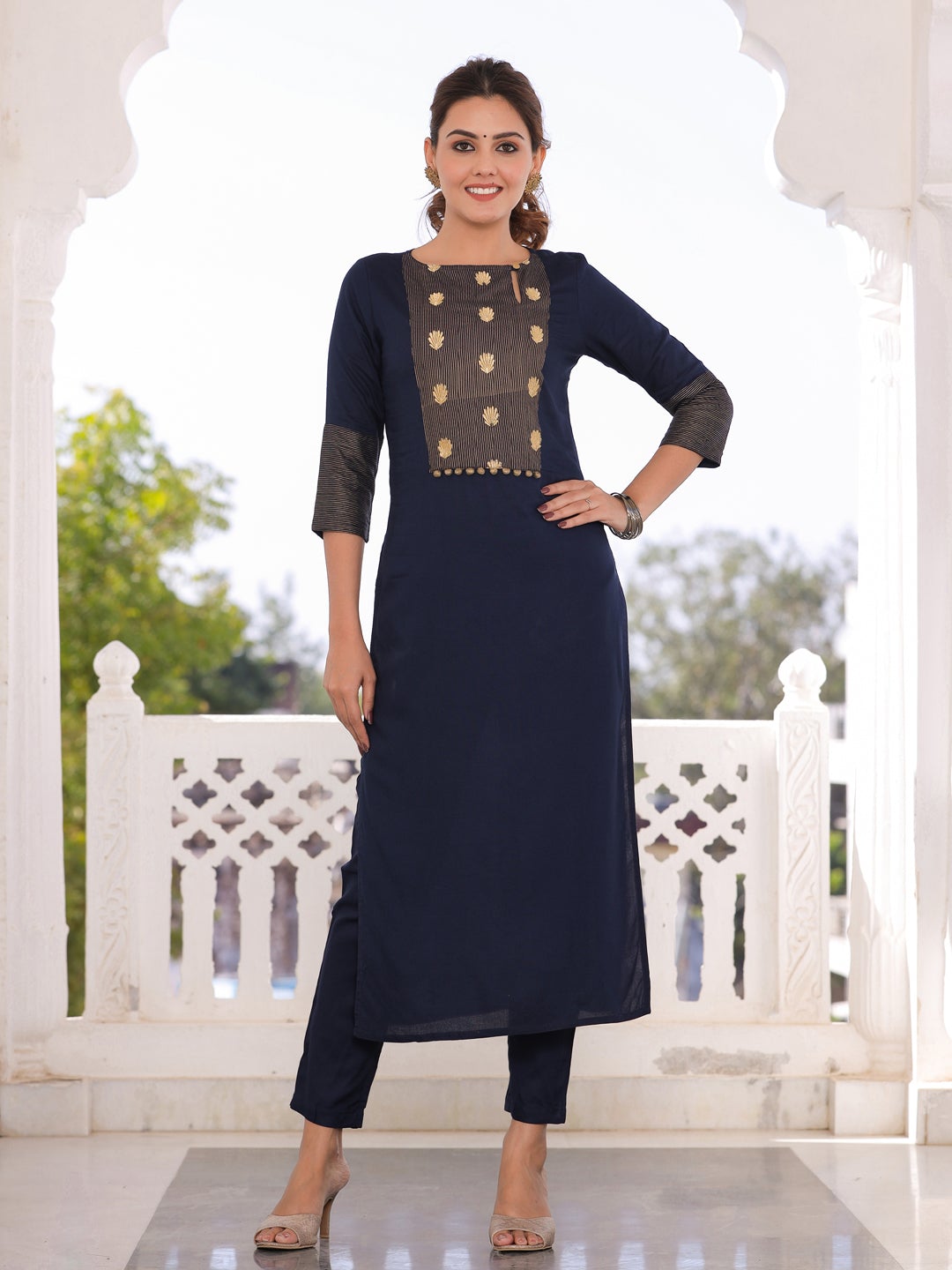 Navy Blue Yoke Embroidered Kurta With Pant