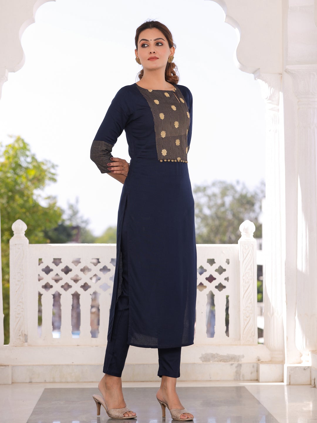 Navy Blue Yoke Embroidered Kurta With Pant