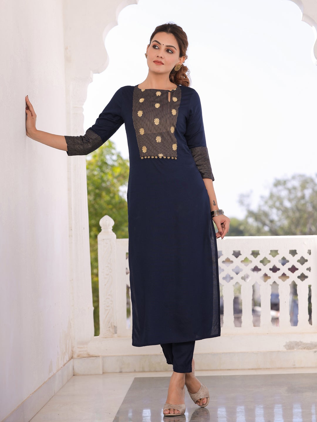 Navy Blue Yoke Embroidered Kurta With Pant