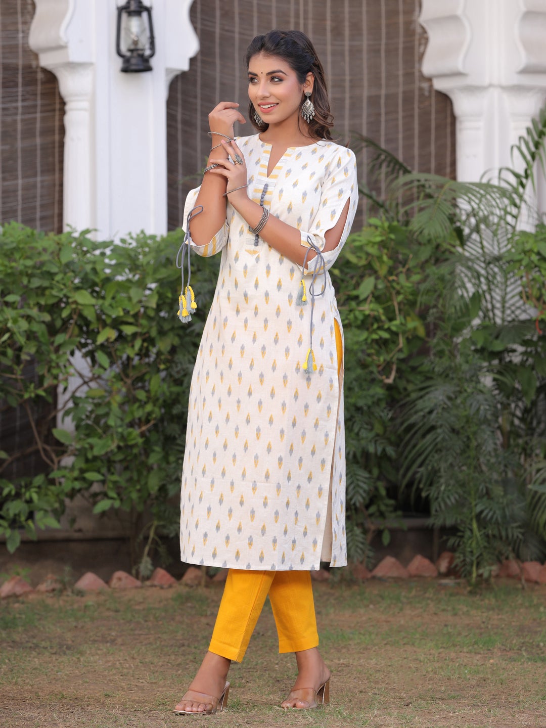 Off White Mustard Ikat Straight Cotton Flex Kurta With Pants