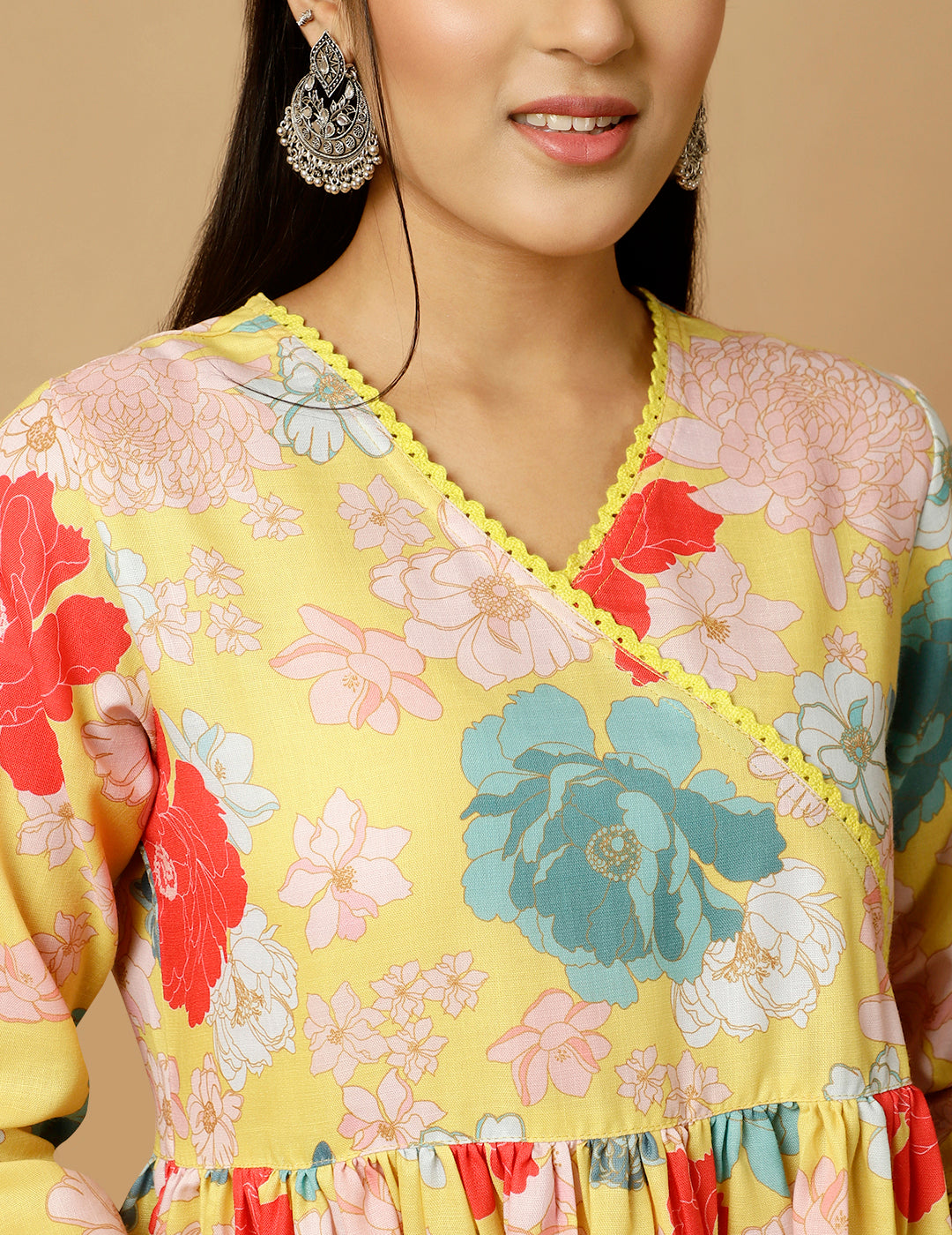 Yellow Floral Printed Gathered Angrakha Kurta
