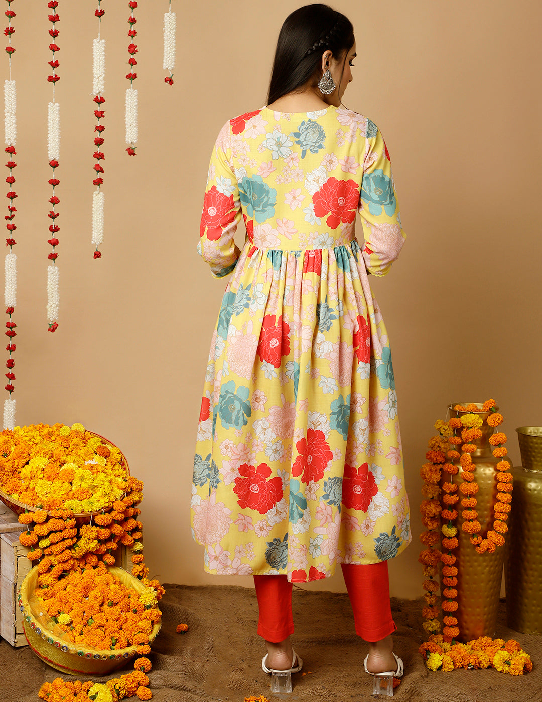 Yellow Floral Printed Gathered Angrakha Kurta
