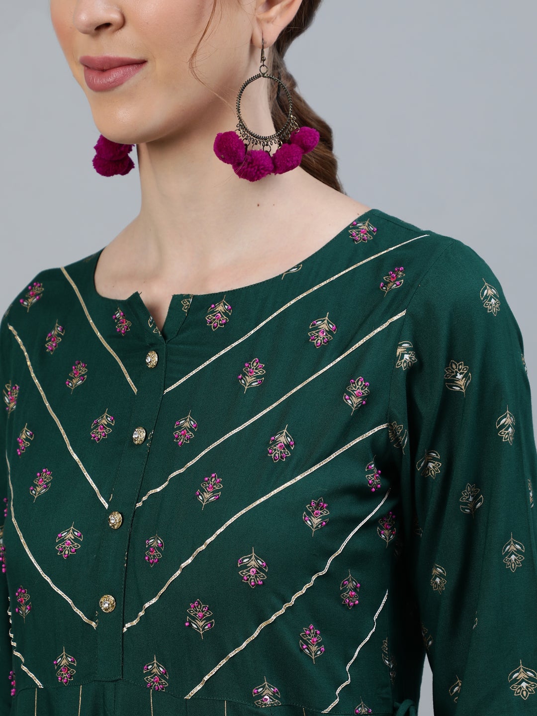 Green Placement Print and Embroidered Anarkali Kurta