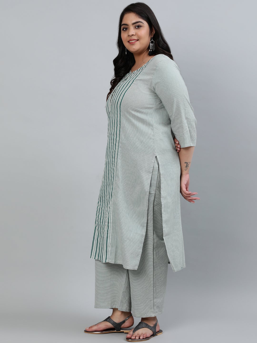 Green Self-Striped Straight Cotton Blend Kurta with Palazzos