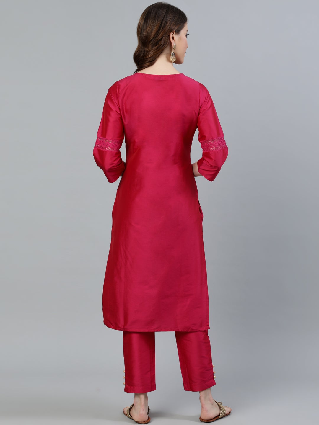 Pink Printed Straight Thread & Lace Work Kurta with Pants