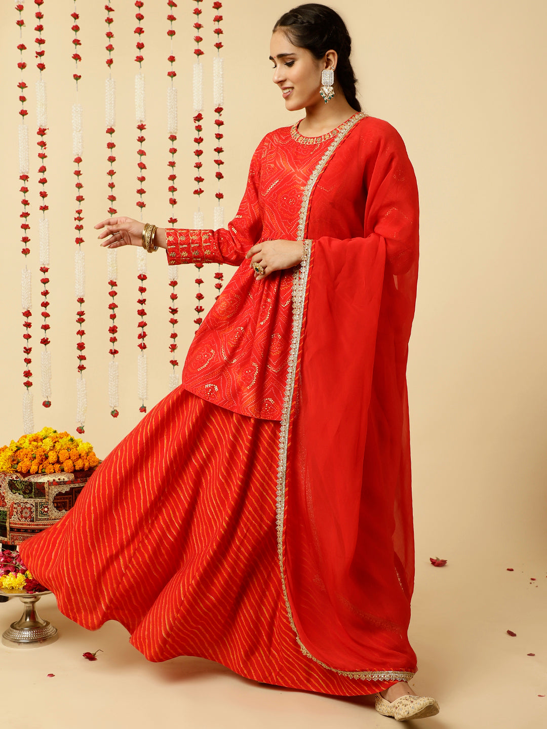 Red Embroidered Bandhani Gathered Kurta With Leheriya Skirt And Dupatta