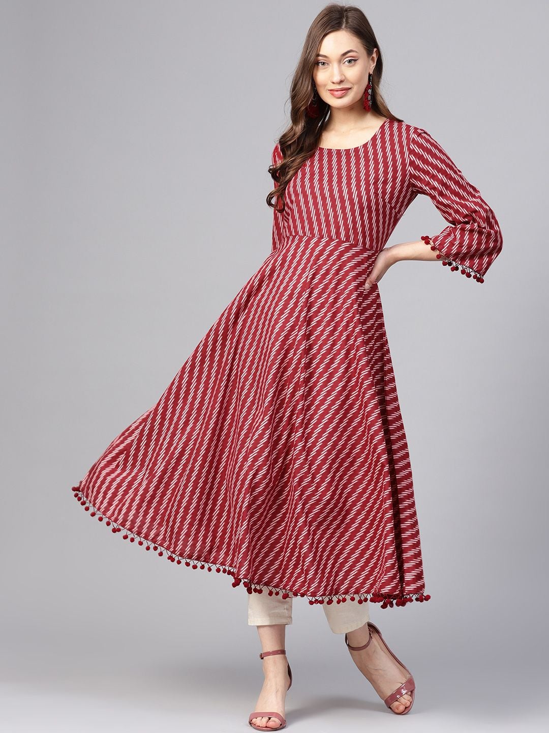 Maroon Geometric A-Line Cotton Kurta
