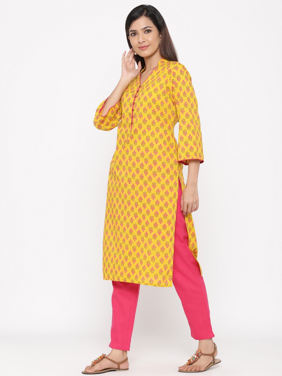 Yellow Printed Straight Cotton Kurta