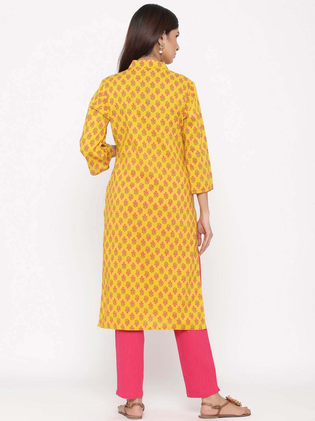 Yellow Printed Straight Cotton Kurta