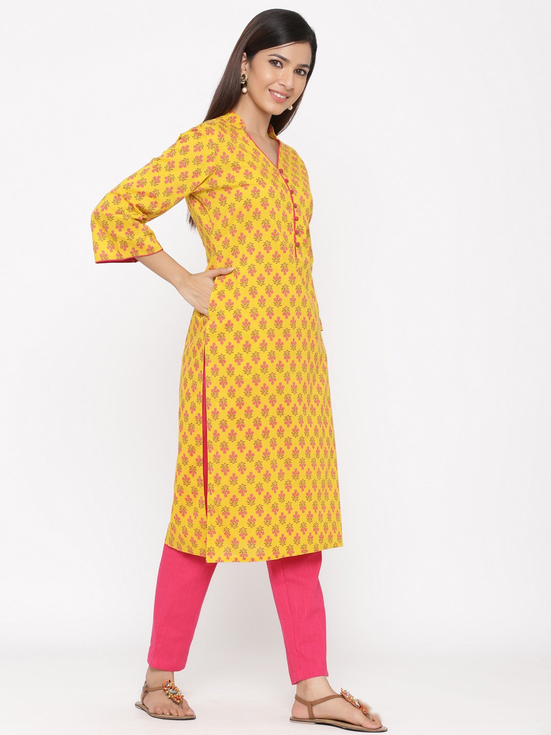 Yellow Printed Straight Cotton Kurta