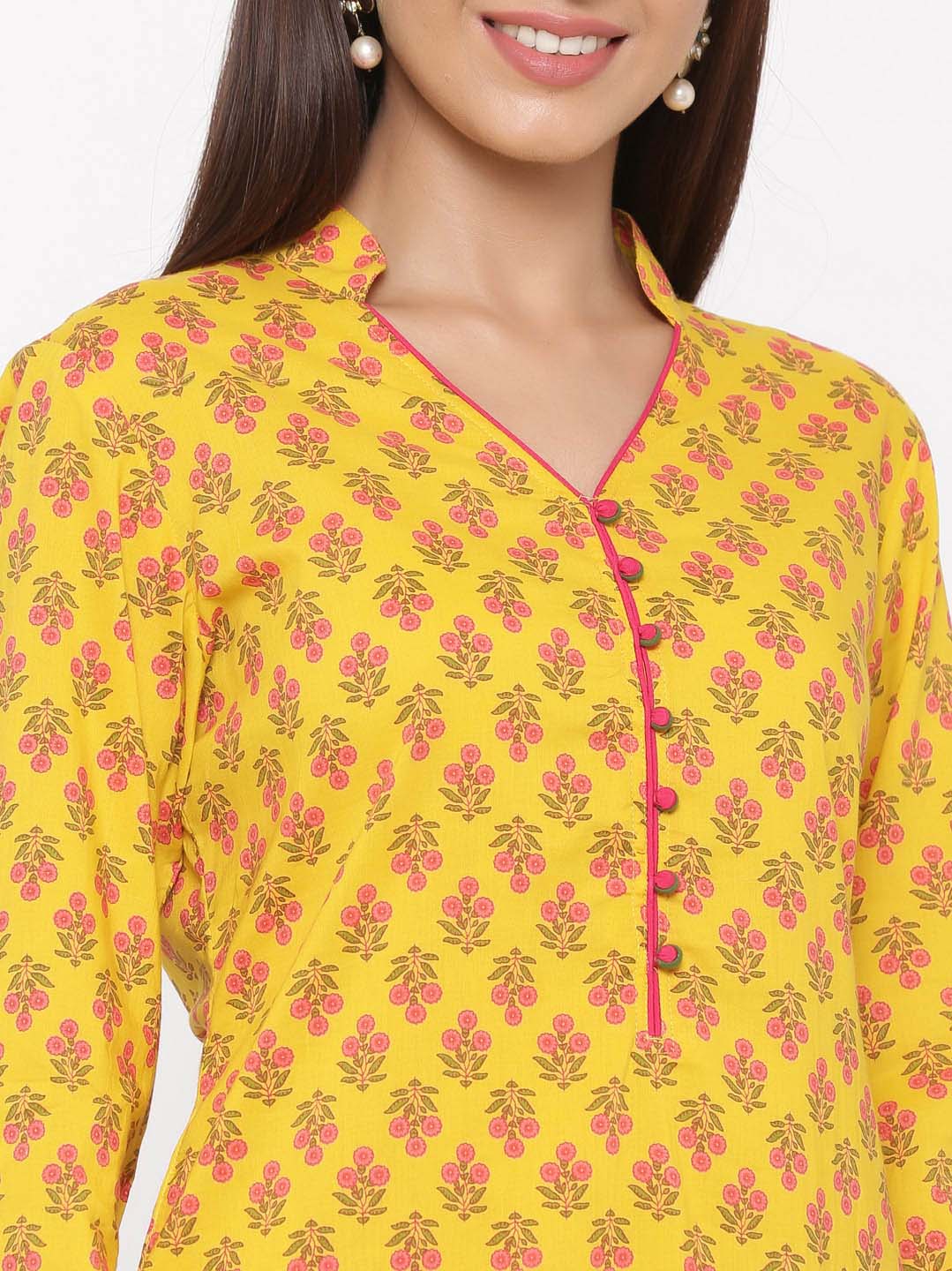 Yellow Printed Straight Cotton Kurta