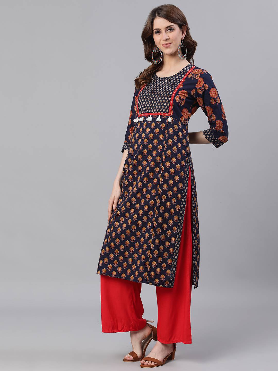 Navy Blue Ethnic Print Straight Cotton Kurtas