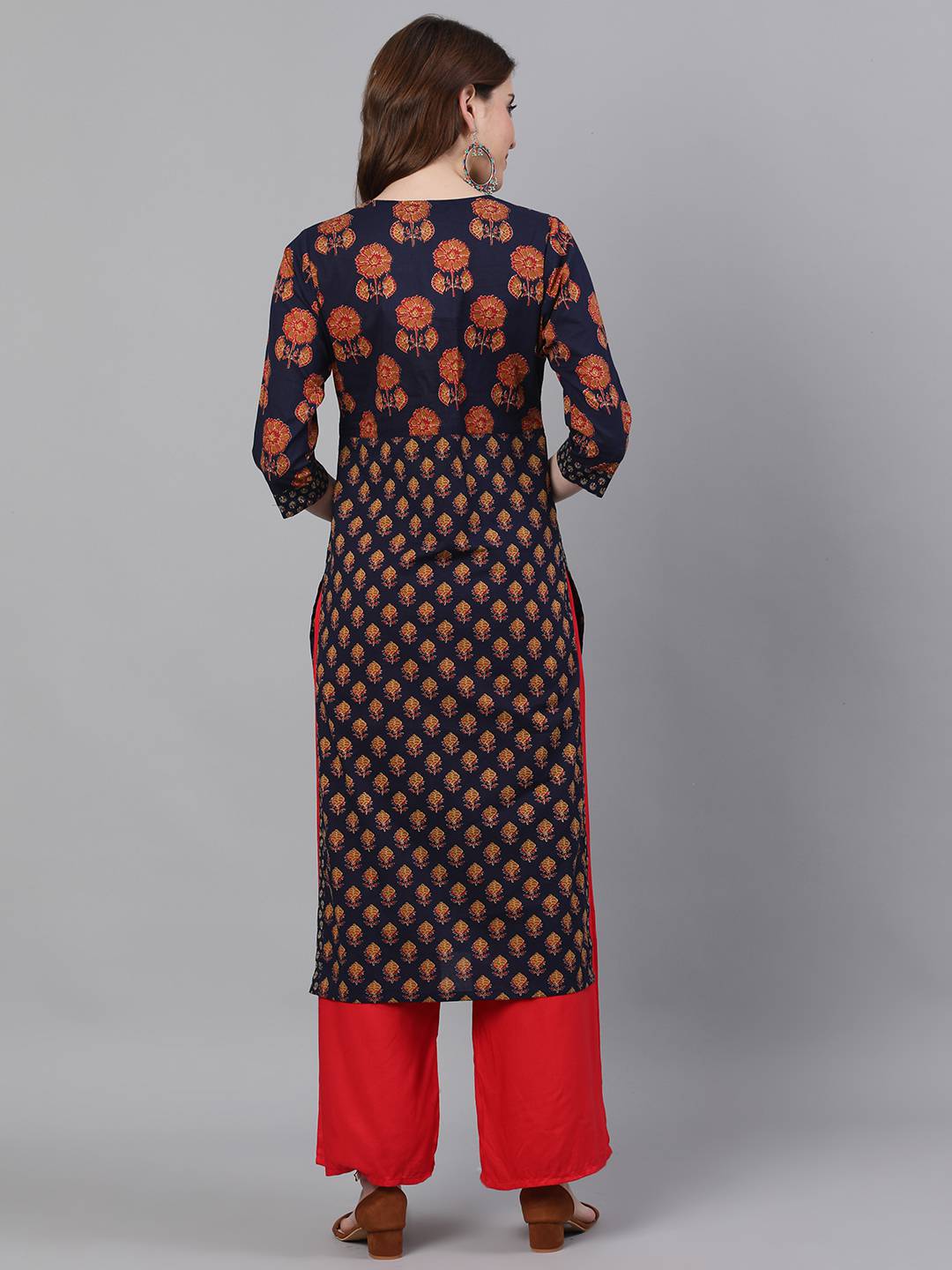Navy Blue Ethnic Print Straight Cotton Kurtas