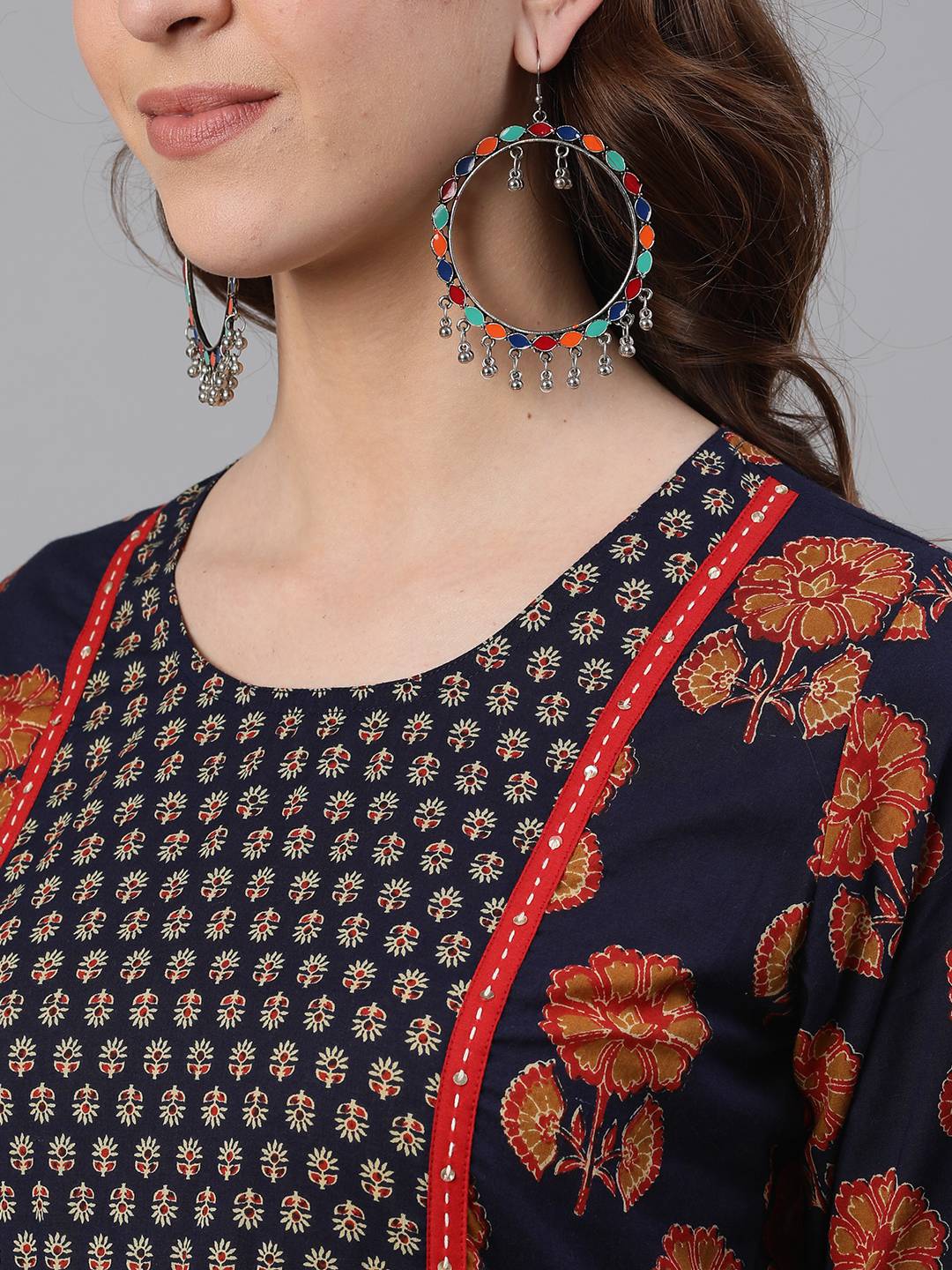 Navy Blue Ethnic Print Straight Cotton Kurtas