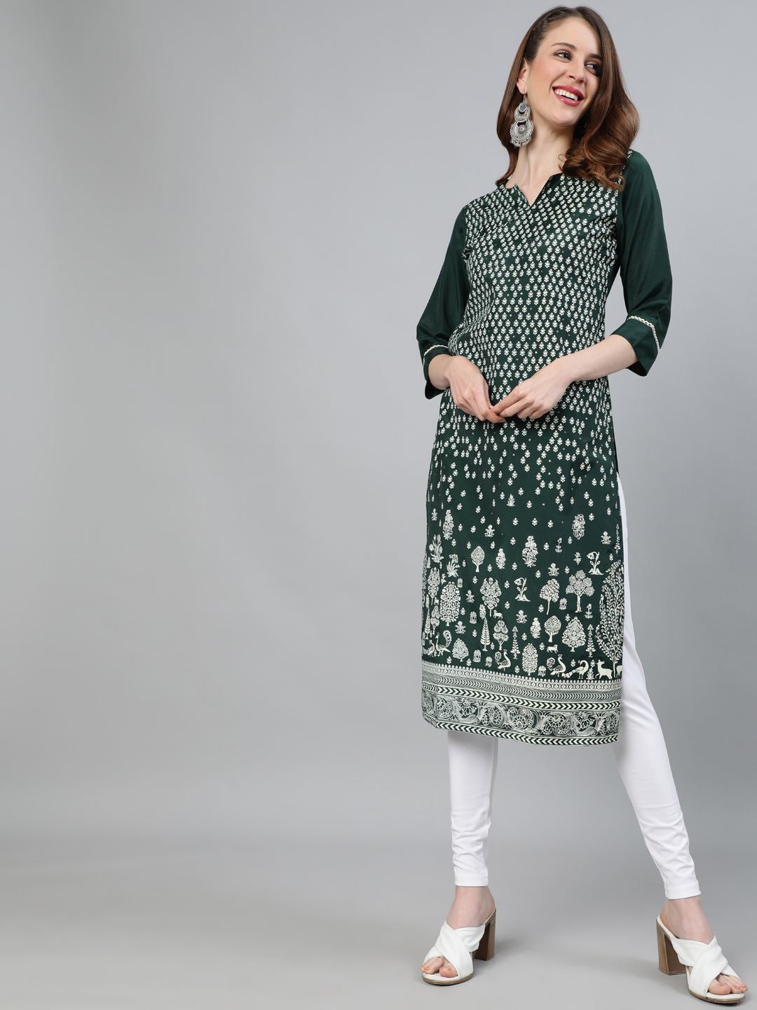 Green Ethnic Motifs Straight Silk Blend Kurta