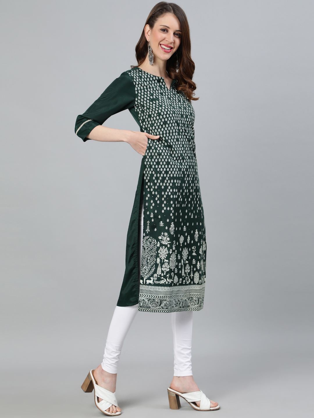 Green Ethnic Motifs Straight Silk Blend Kurta