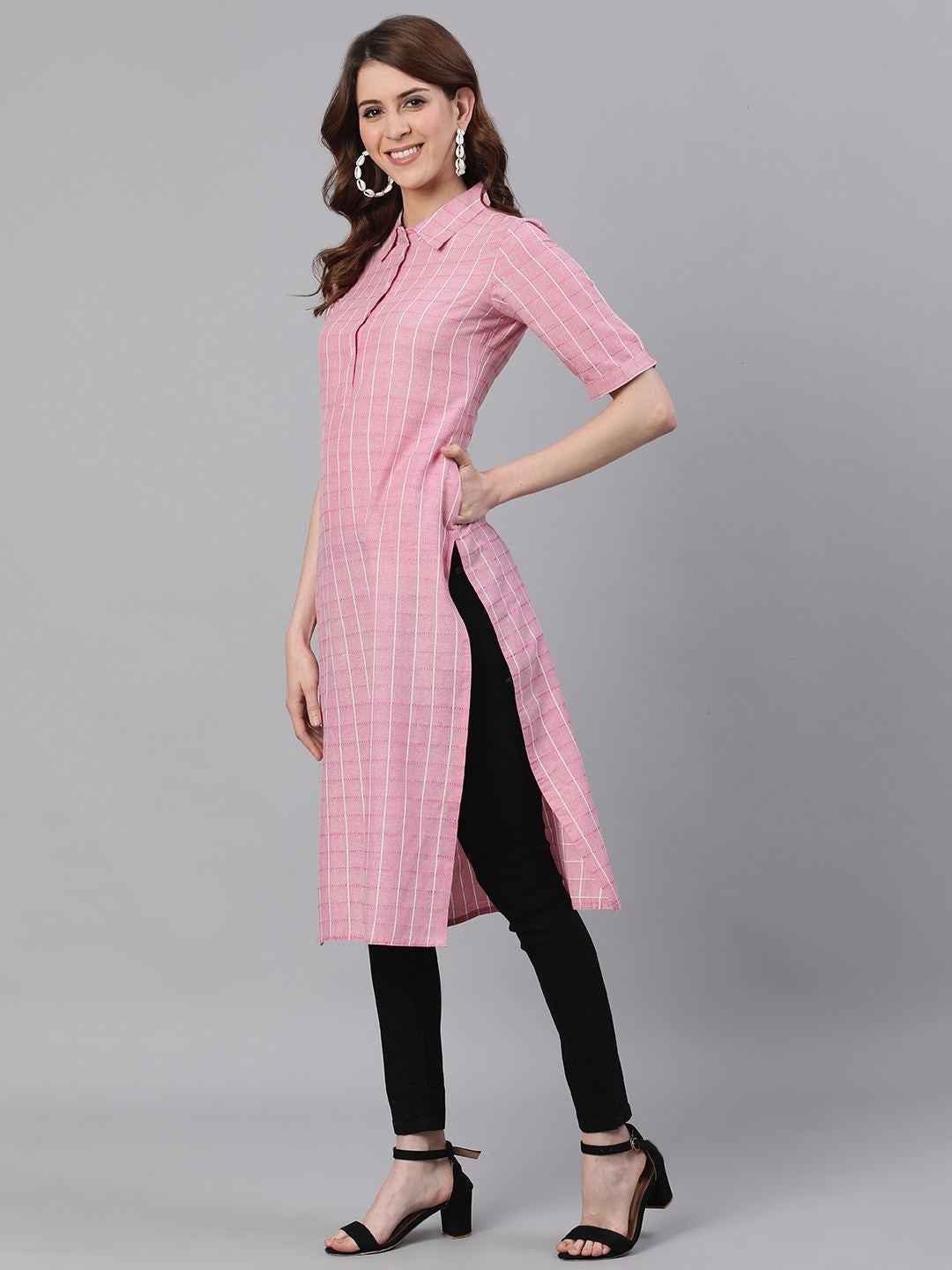 Pink Checked Straight Cotton Blend Kurta