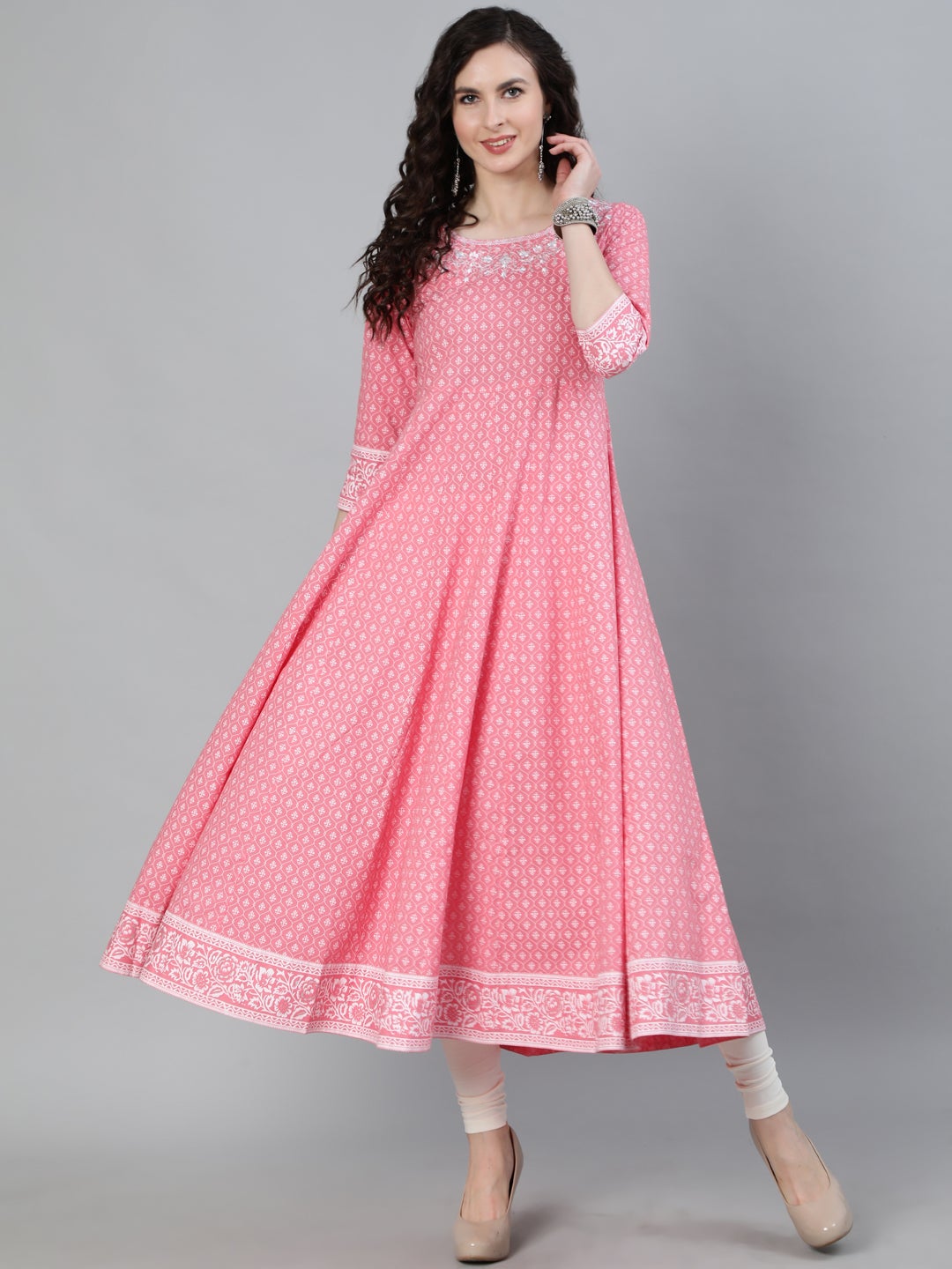 Pink Printed Anarkali with Embroidered Yoke