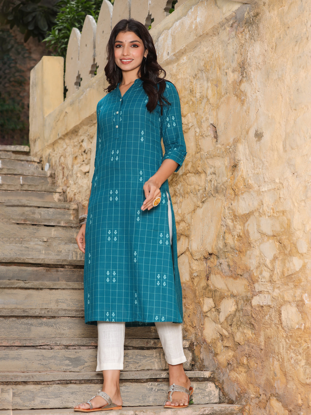 Teal Blue Checks Cotton Flared Kurta