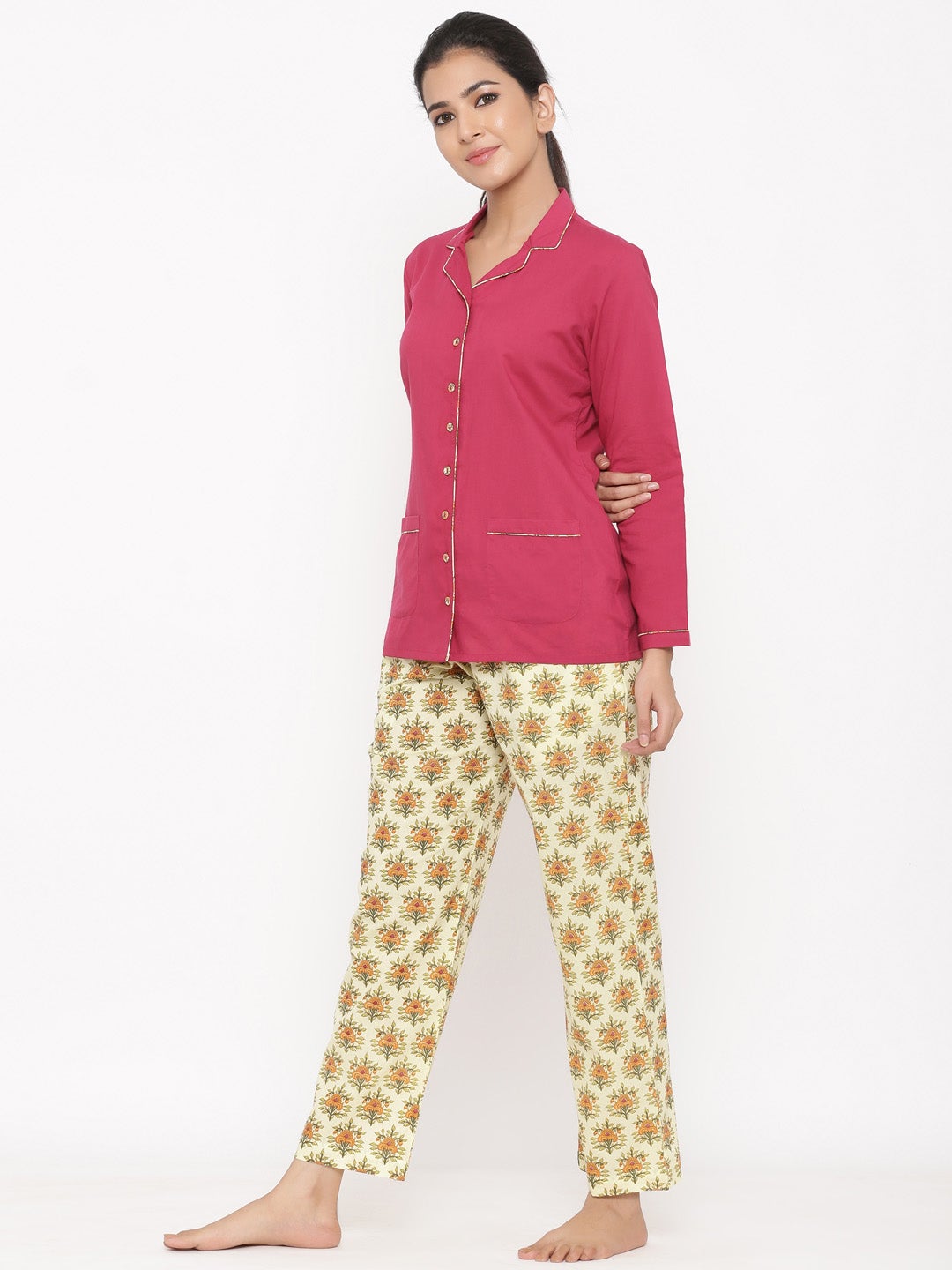 Magenta Ethnic Print Cotton Night suit