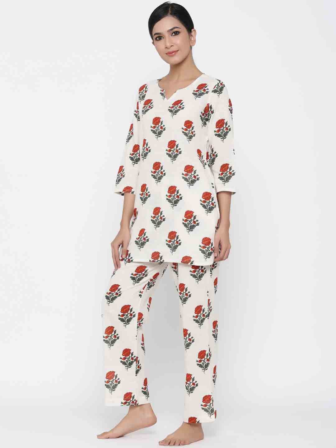 White Floral print Straight Cotton Blend Sleepwear