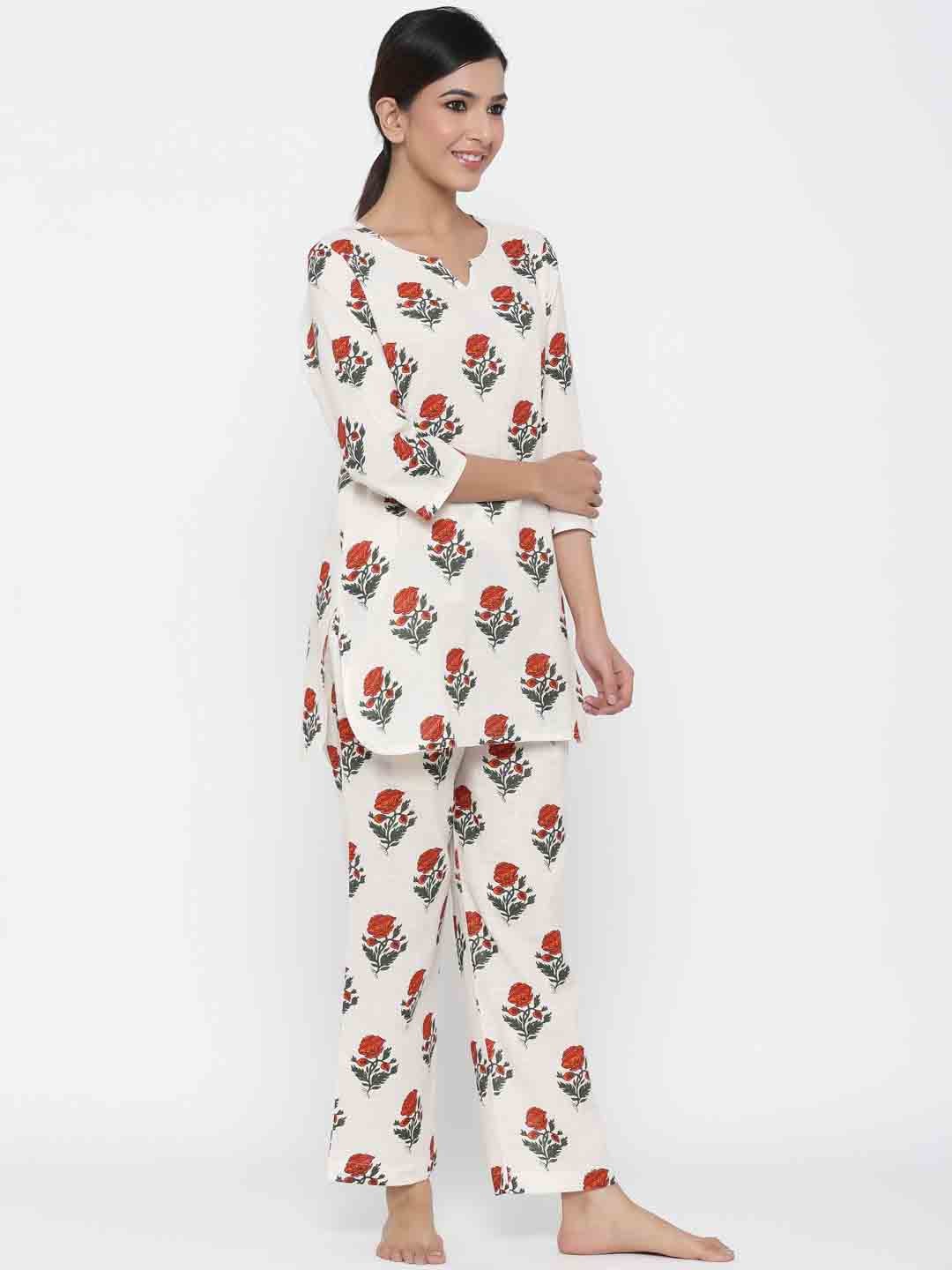 White Floral print Straight Cotton Blend Sleepwear