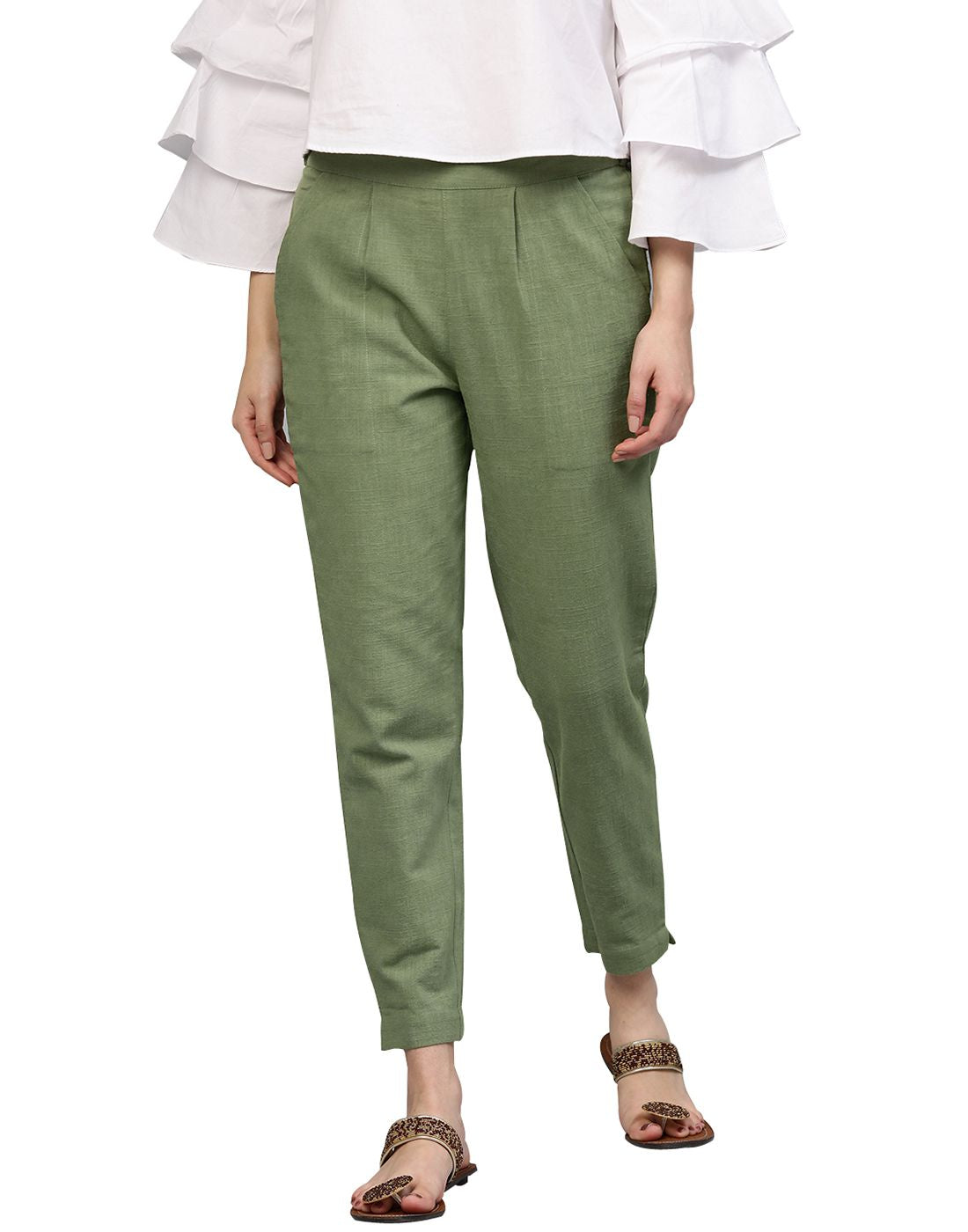 Shop Olive Solid Cotton Slub Pants