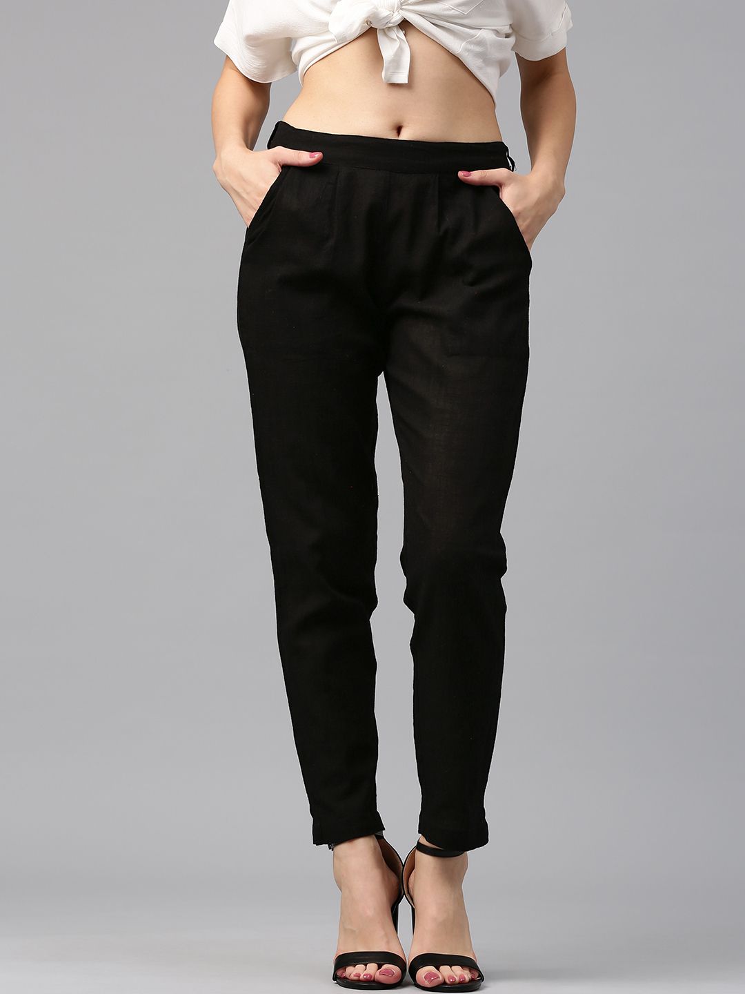 Black Solid Cotton Slub Straight Pants