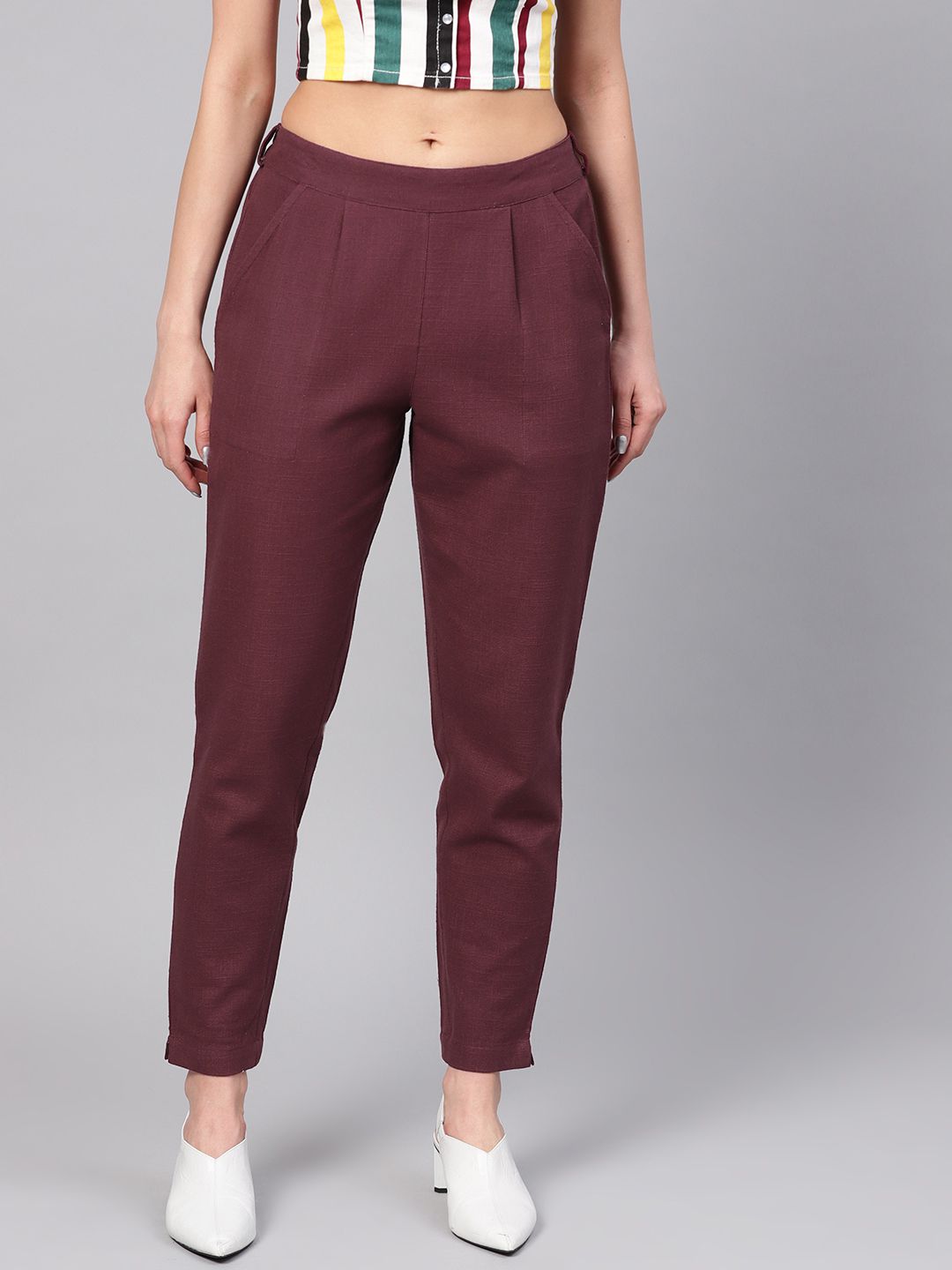 Shop Burgundy Solid Straight Cotton Slub Trouser