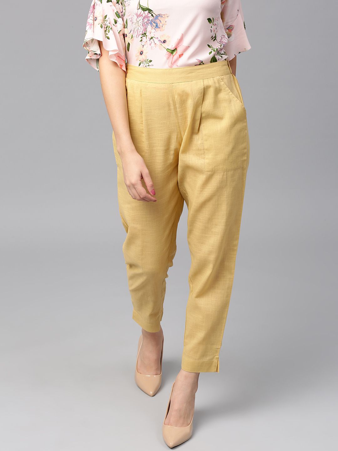 Get Cream Color Slub Cotton Solid Pants