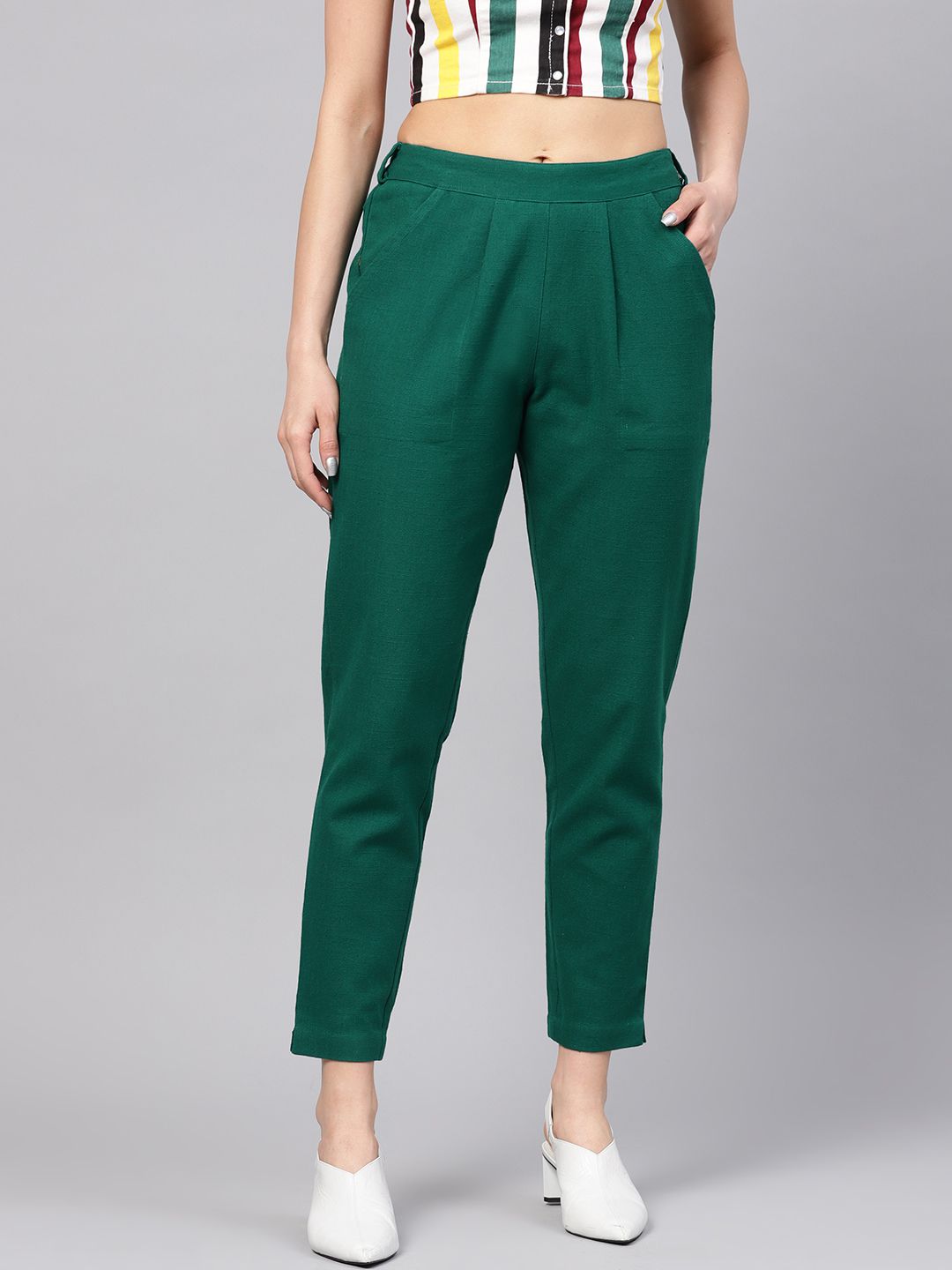 Shop Bottle Green Solid Straight Cotton Slub Trouser