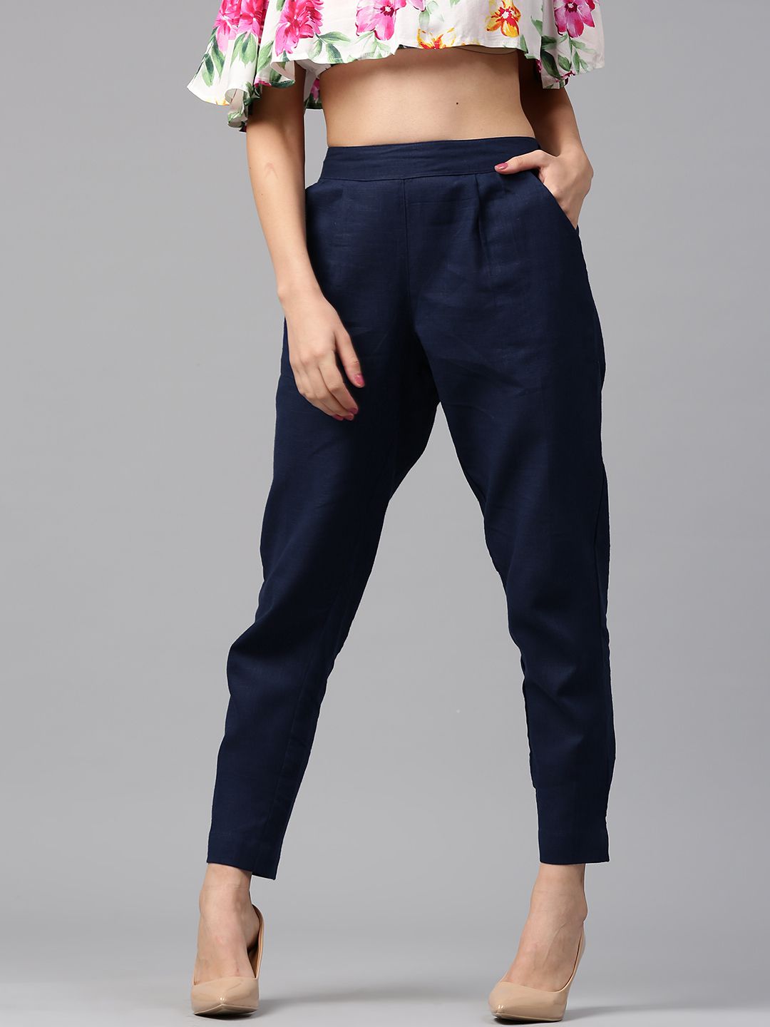 Buy Royal Blue Color Slub Cotton Solid Pants