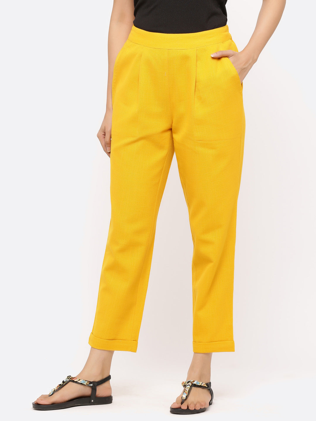 Shop Mustard Solid Cotton Slub Pants