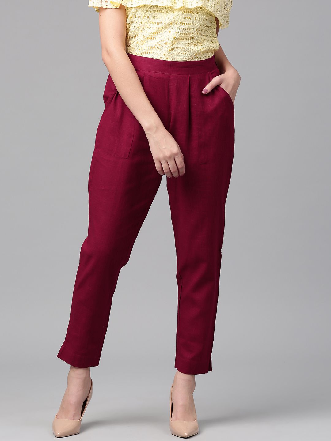 Buy Maroon Color Cotton Slub Solid Pants