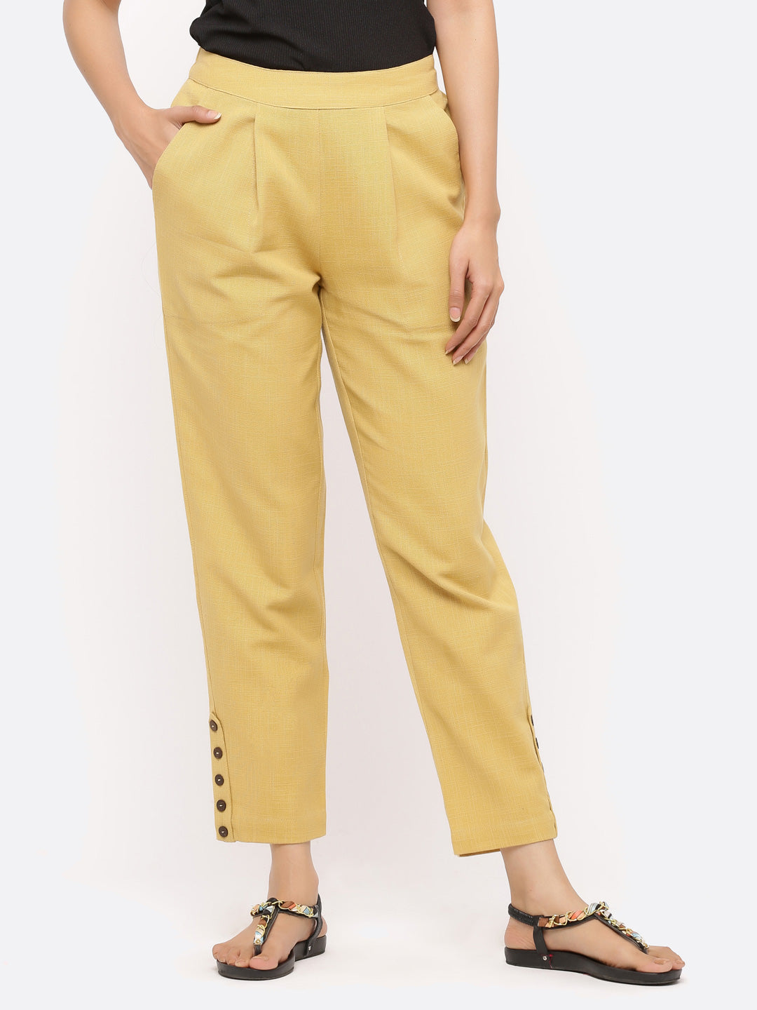 Shop Beige Solid Cotton Slub Pants