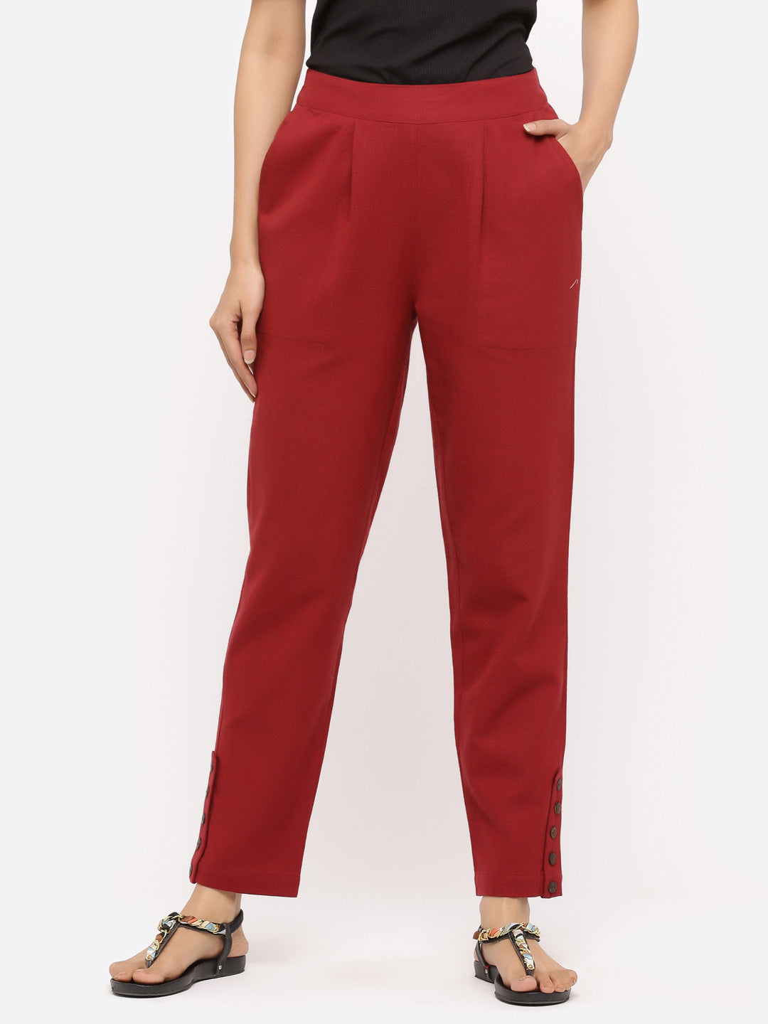 Shop Maroon Solid Cotton Slub Pant