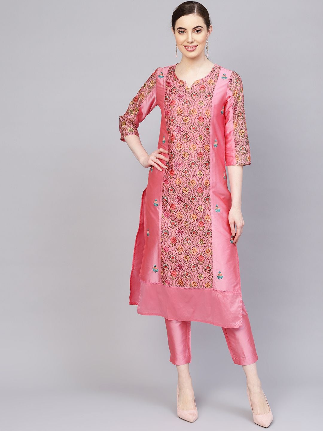 Pink Embroidered Straight Chanderi Kurta with Pants