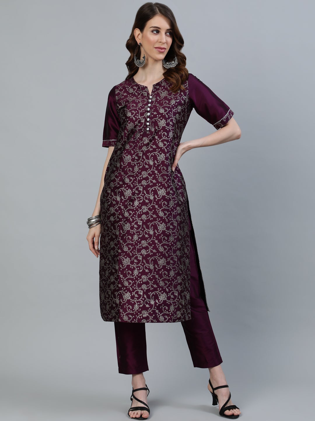 Purple Printed Silk Blend Straight Kurta with Pants